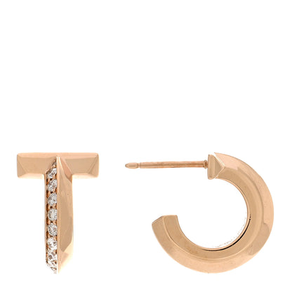 Tiffany 18K Rose Gold Diamond T1 Hoop Earrings 1 of 5