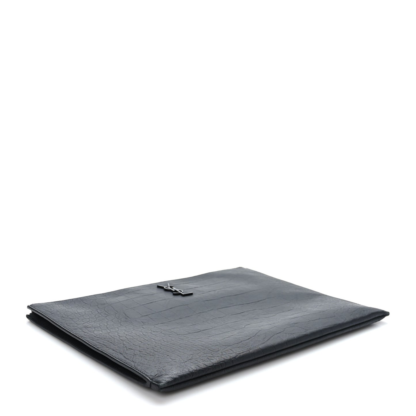 Calfskin Crocodile Embossed Monogram Zipped Pouch Black