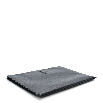 Saint Laurent Calfskin Crocodile Embossed Monogram Zipped Pouch Black 4 of 7