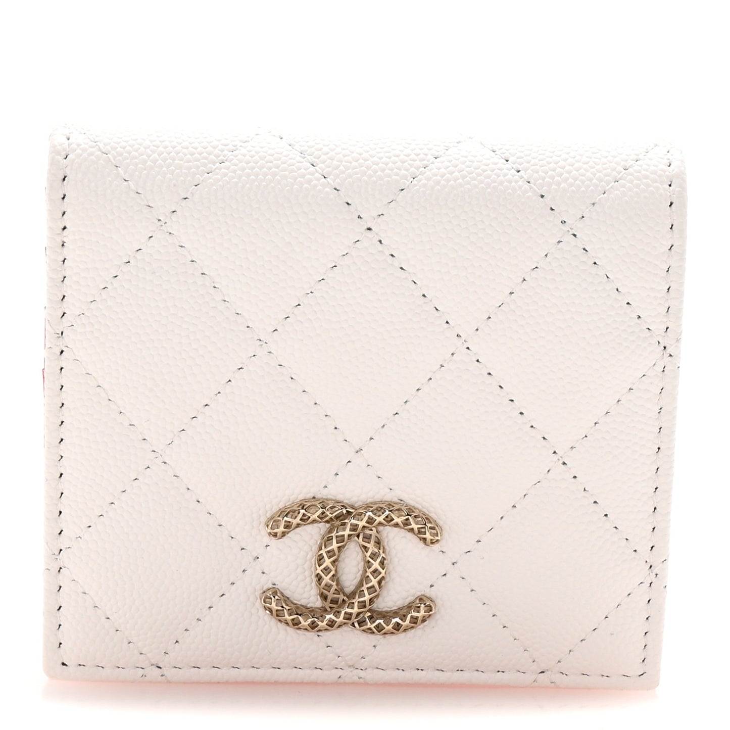 Caviar Metal Perforated Quilted CC Compact Bi-Fold Flap Wallet White Pink