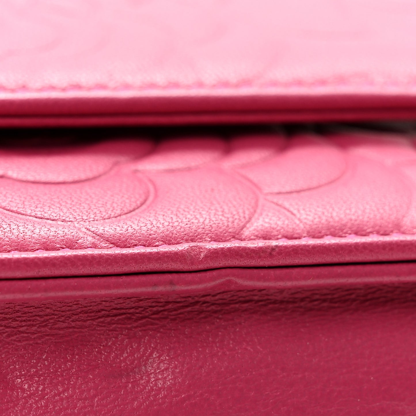 Lambskin Camellia Embossed Wallet on Chain WOC Fuchsia