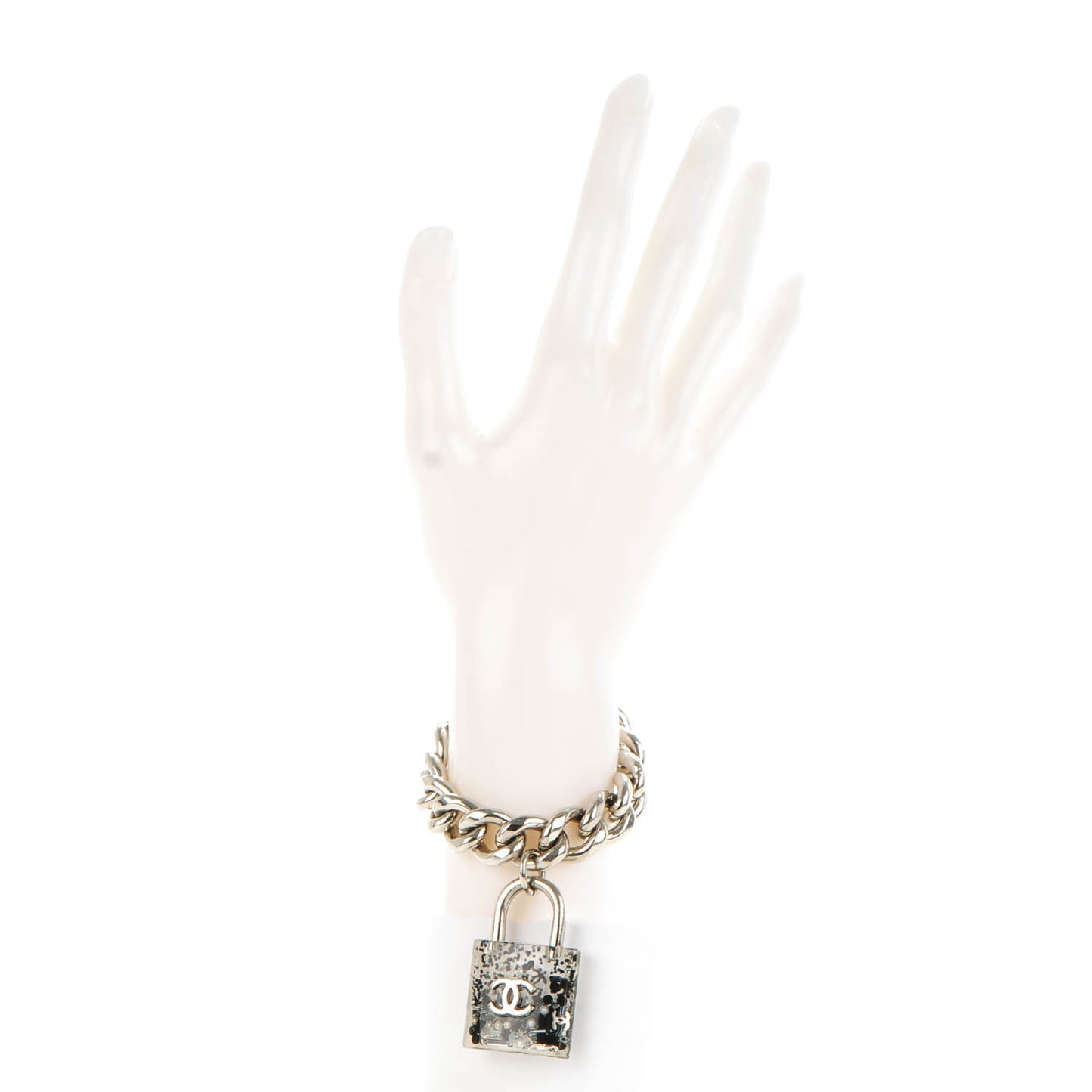 Plexiglass Pearl CC Padlock Bracelet Silver