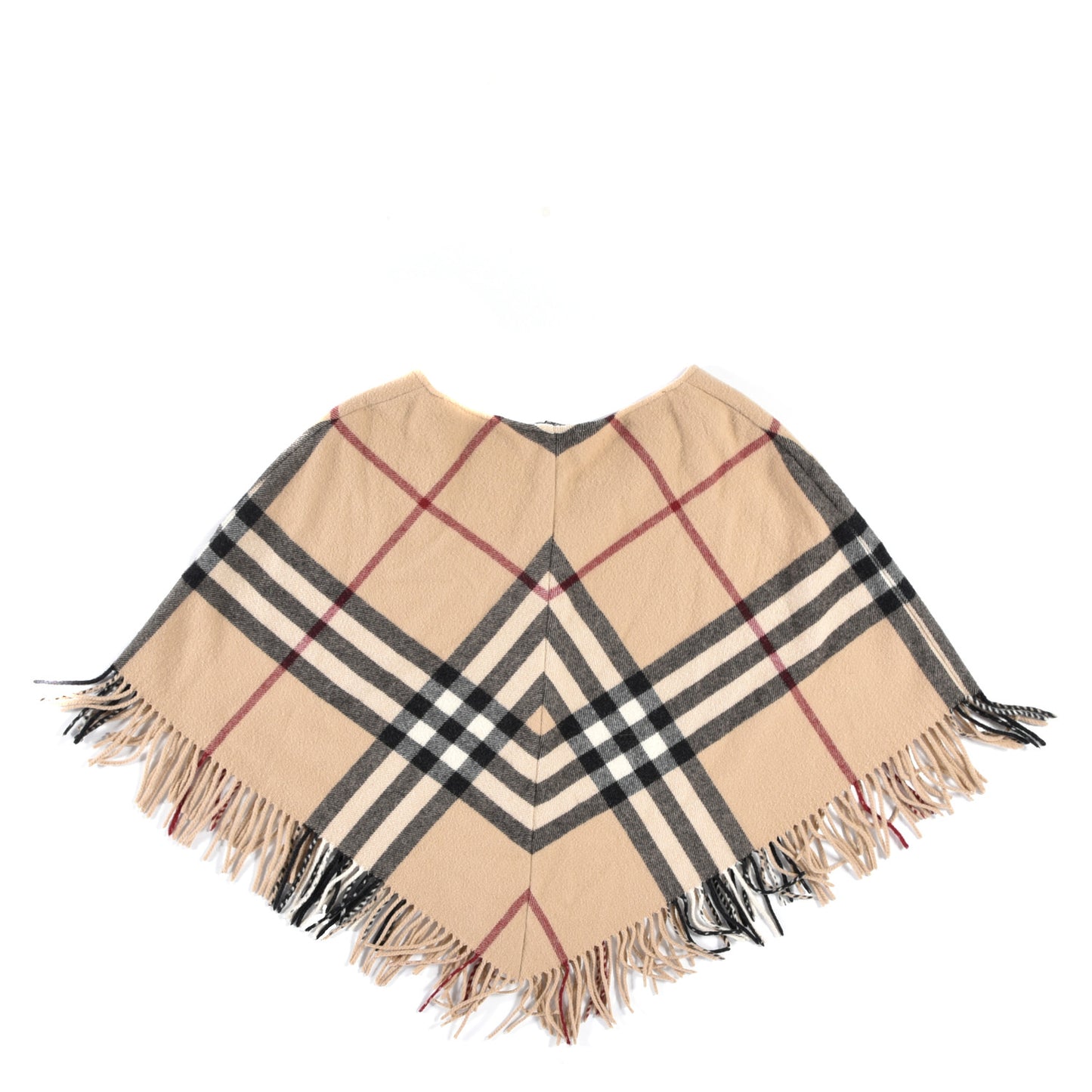 Merino Wool Cashmere Fringe Giant Check Poncho Beige