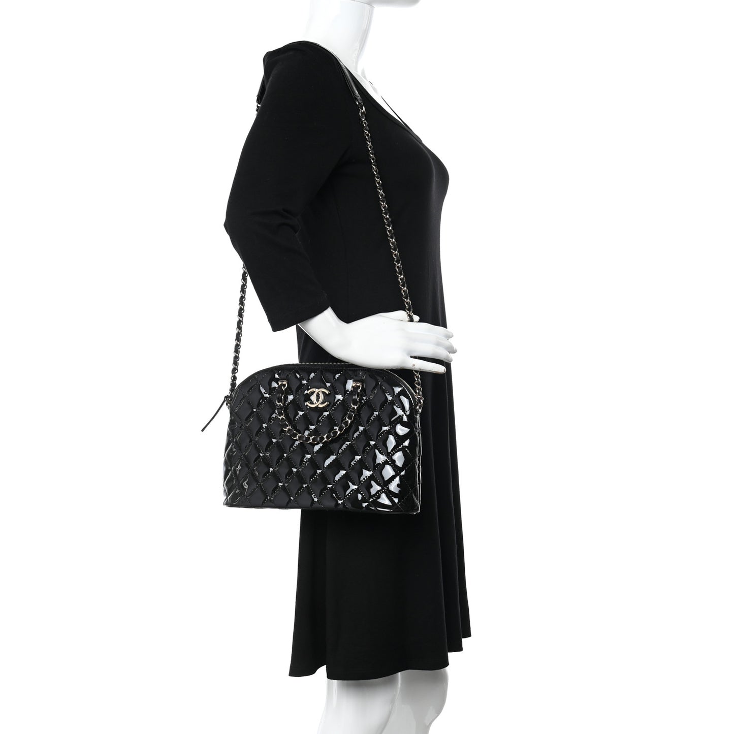 Patent Quilted Shiny Coco Small Shopping Bag Black