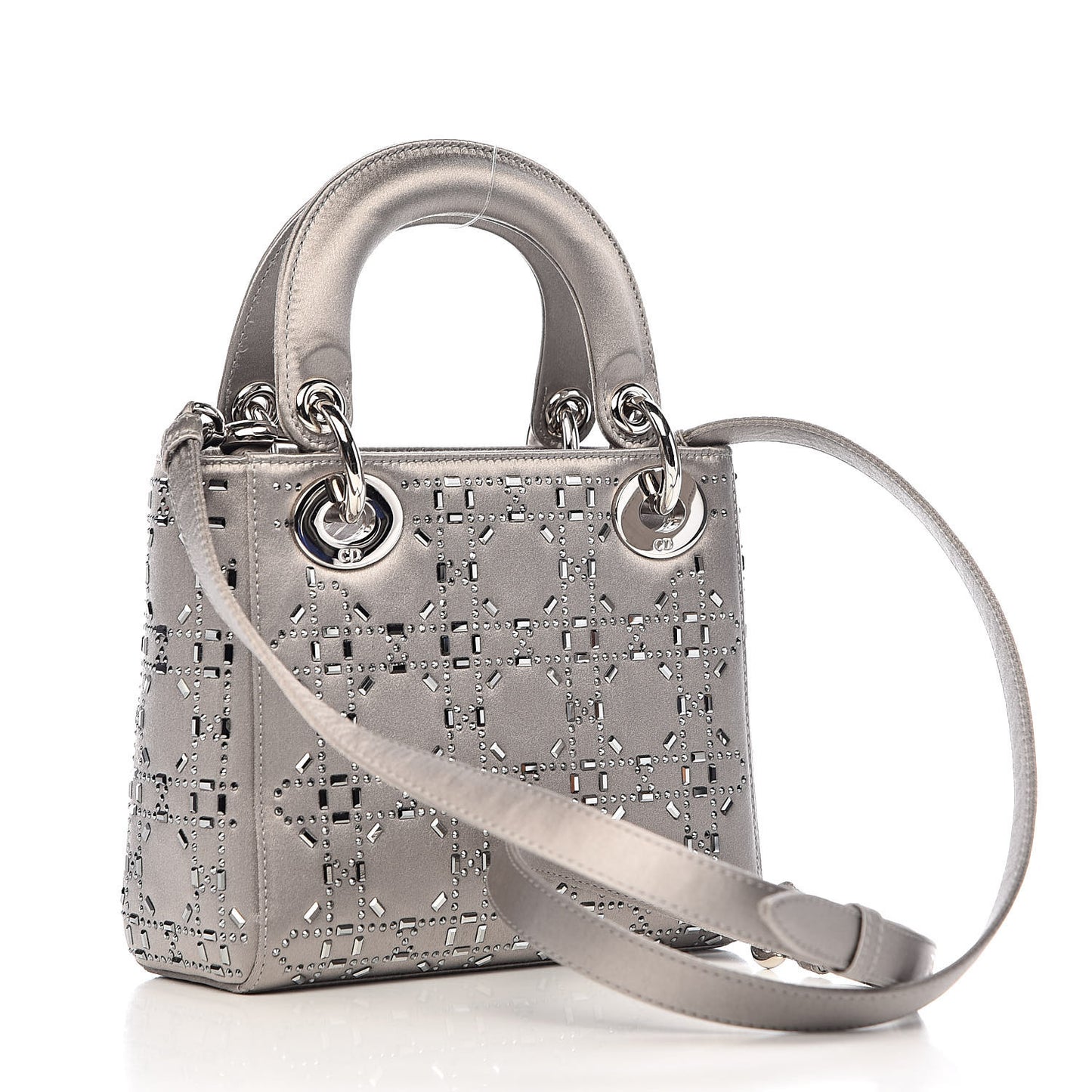 Satin Crystal Cannage Mini Lady Dior Gray