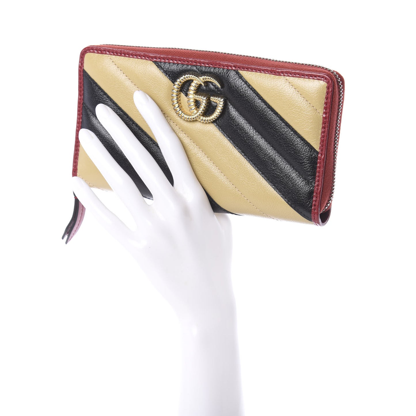 Azalea Calfskin Matelasse Diagonal Patchwork Torchon GG Marmont Zip Around Wallet Black Beige Romantic Cerise