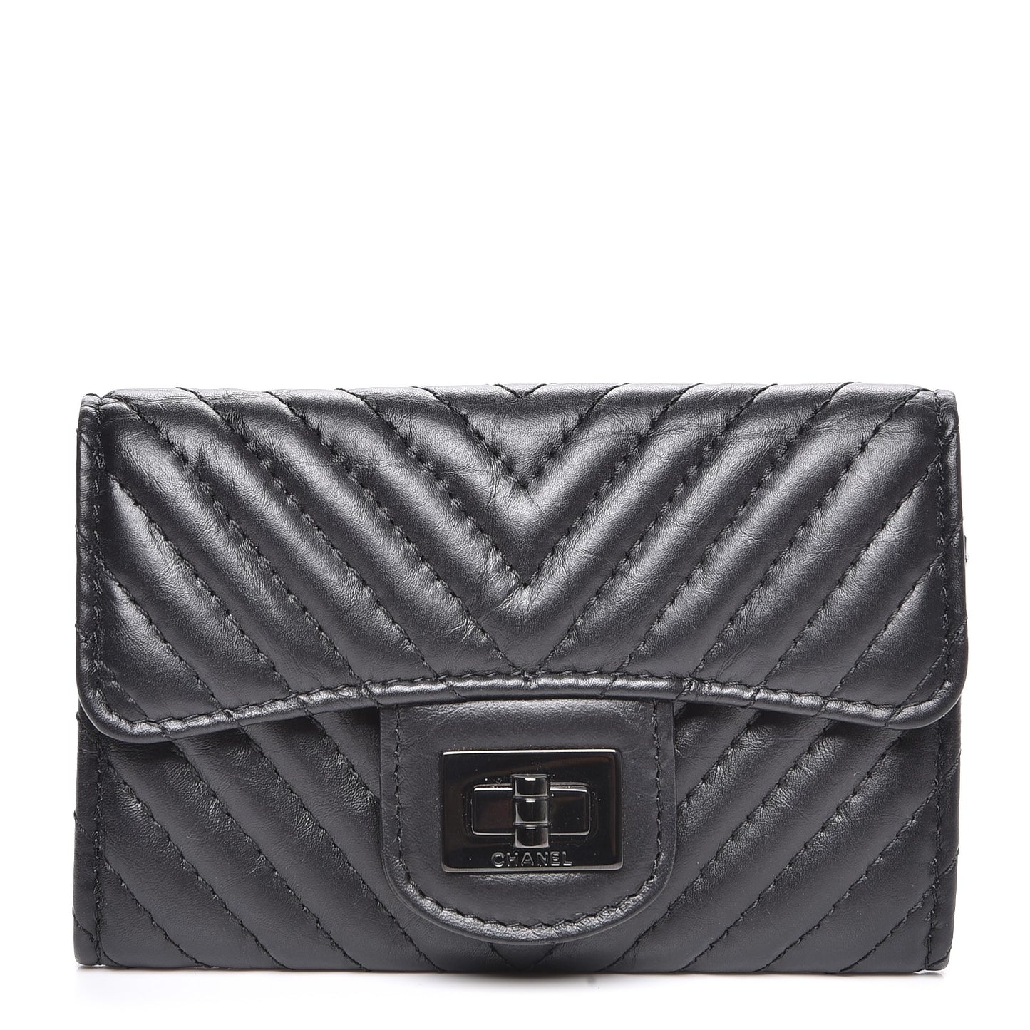 Aged Calfskin Chevron Quilted Card Holder Wallet Black
