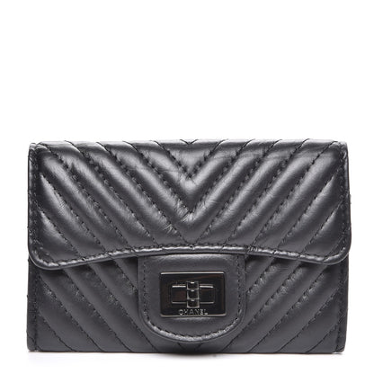 Chanel Aged Calfskin Chevron Quilted Card Holder Wallet Black 1 of 9
