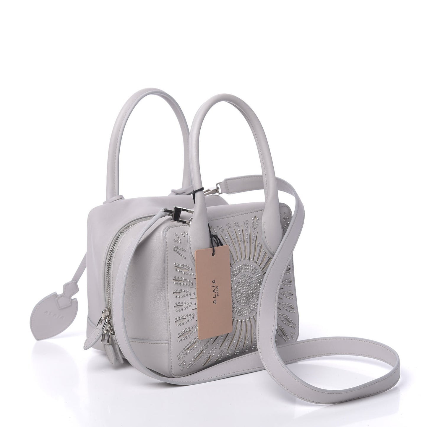 Calfskin Lux Laser Cut Studded Small Elga Top Handle Bag Grey
