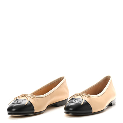 Chanel Lambskin Cap Toe CC Ballerina Flats 37.5 Beige Black 3 of 9