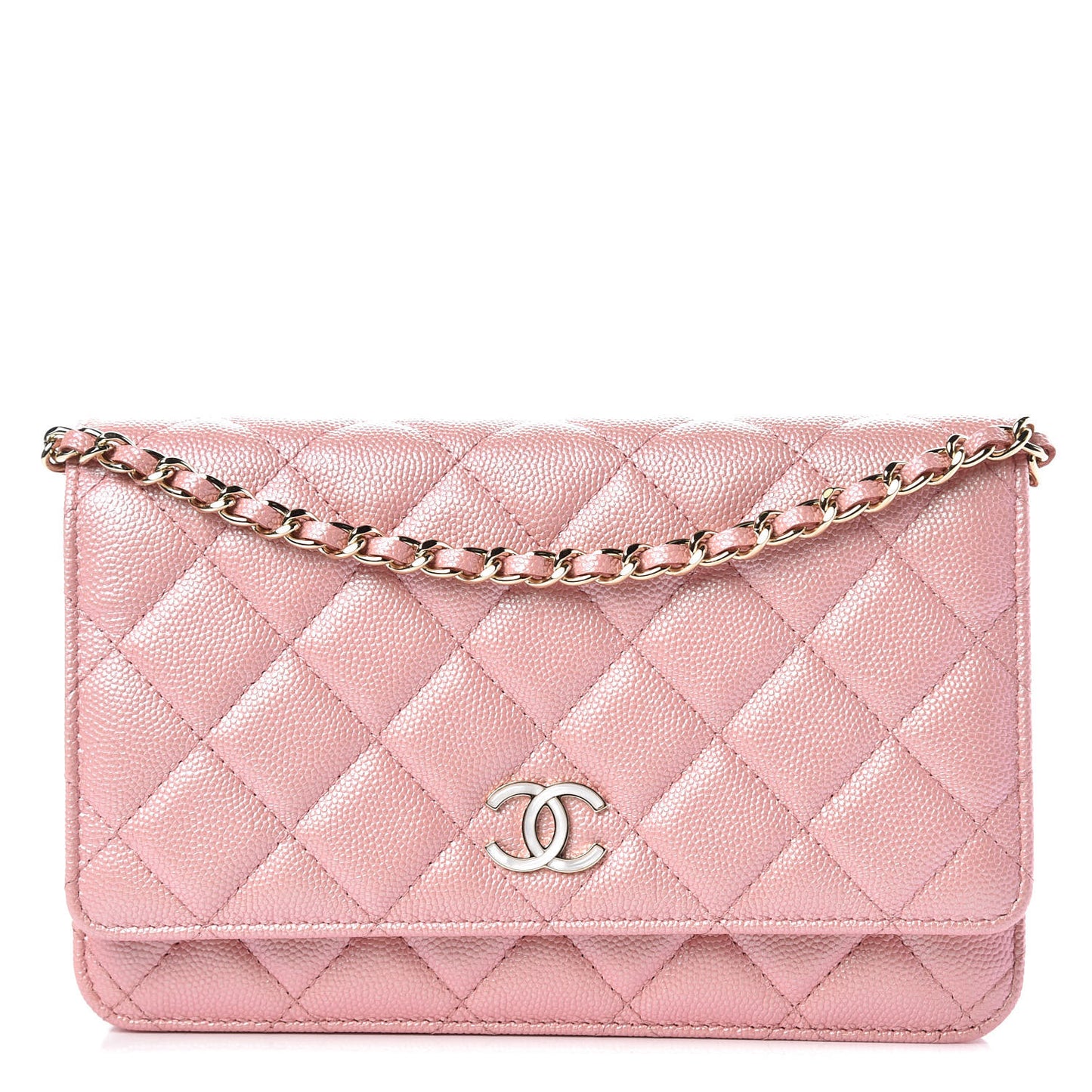 Iridescent Caviar Quilted Wallet on Chain WOC Rose Pink