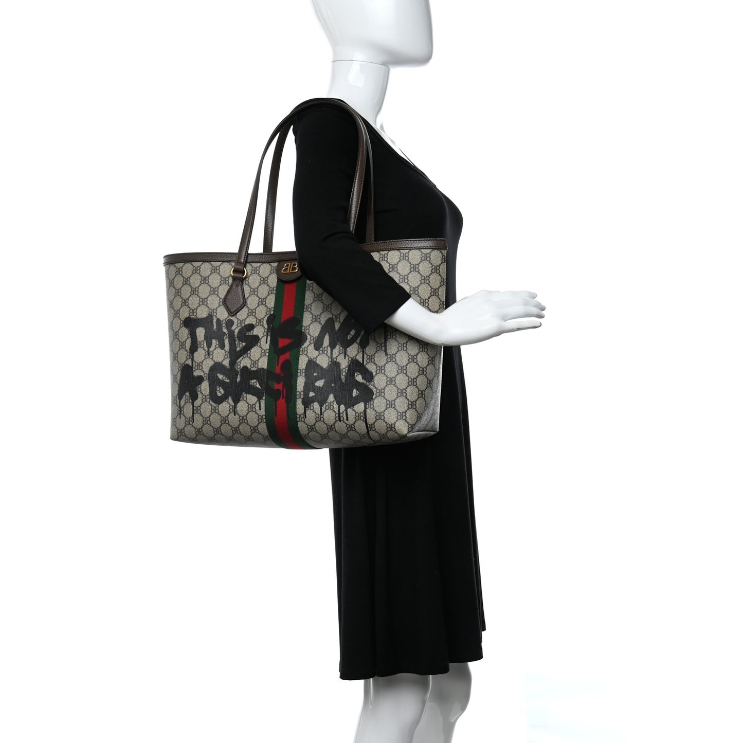 X BALENCIAGA BB Supreme Monogram Web Graffiti Medium Ophidia Shopping Tote Beige New Acero
