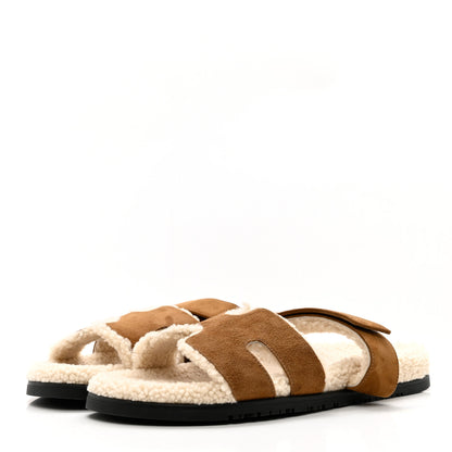 Hermes Suede Goatskin Woolskin Mens Chypre Sandals 45 Brun Fume Ecru 3 of 7