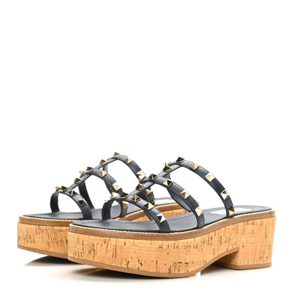 Valentino Garavani Calfskin Cork Rockstud Caged 30/50mm Platform Sandals 37.5 Marine 2 of 7