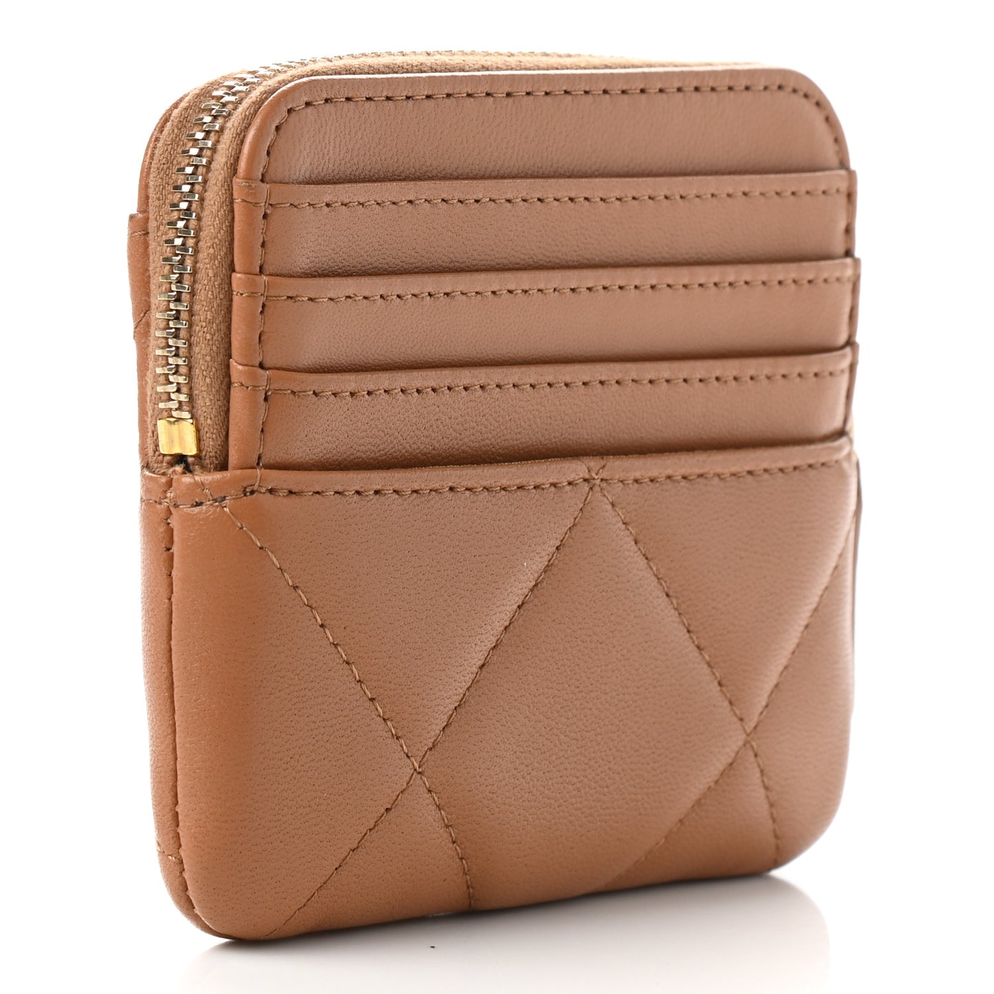 Lambskin Quilted Chanel 19 Zip Card Holder Wallet Brown