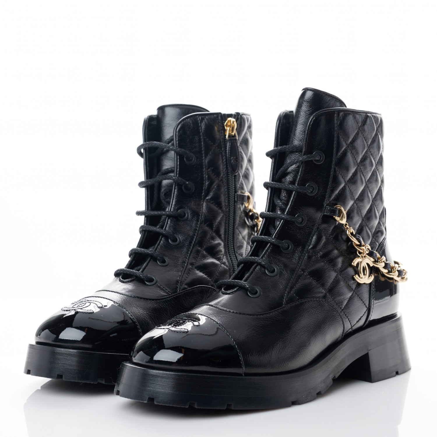 Chanel Shiny Calfskin Patent Quilted Chain Lace Up Combat Boots 39 Black 3 of 9