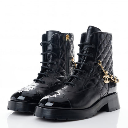 Chanel Shiny Calfskin Patent Quilted Chain Lace Up Combat Boots 39 Black 3 of 9