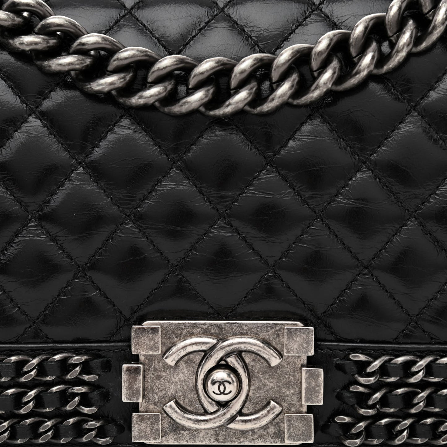 Glazed Calfskin Quilted Medium Boy Chained Flap Black