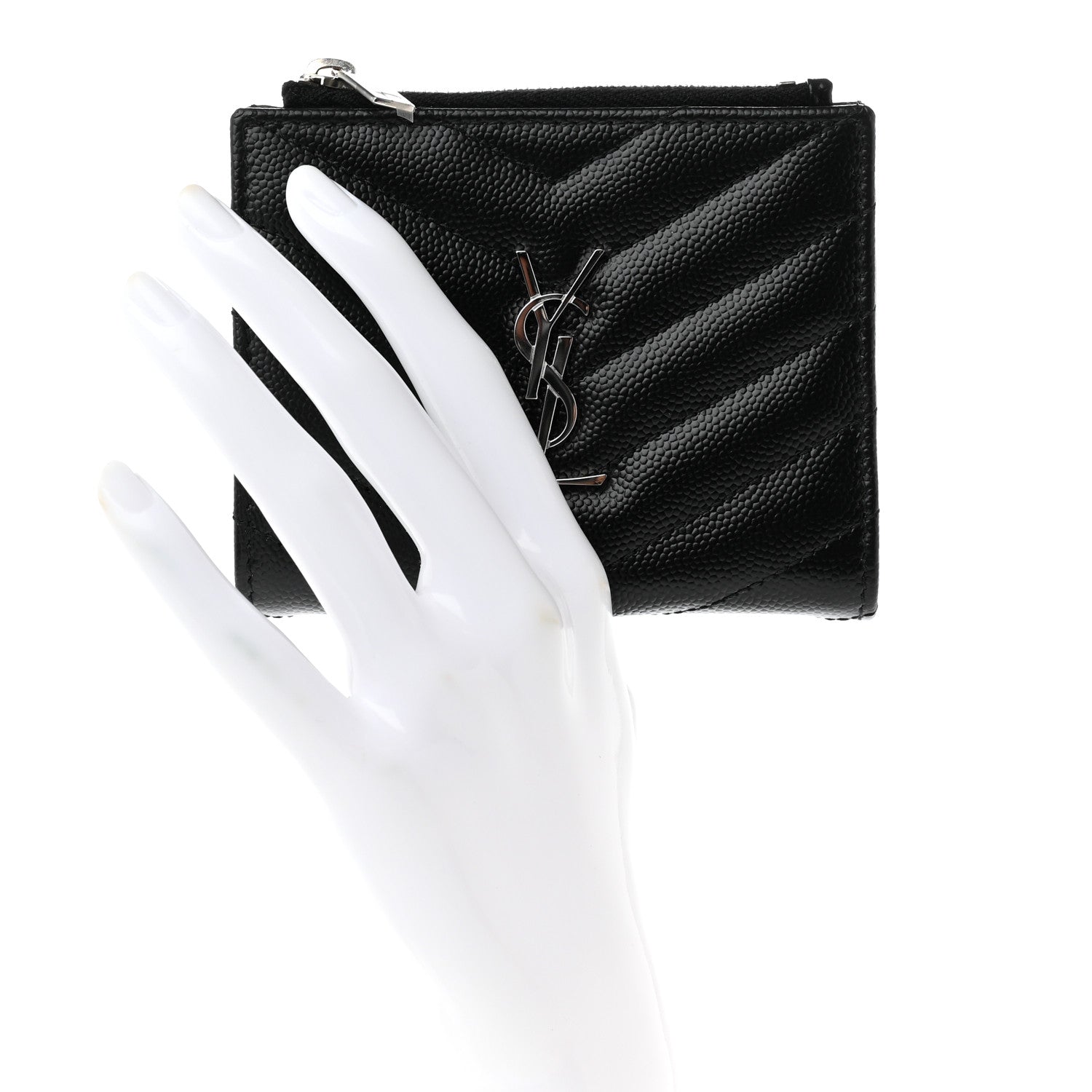Saint Laurent Grain De Poudre Matelasse Chevron Monogram Zipped Card Case Black 2 of 8