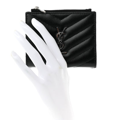 Saint Laurent Grain De Poudre Matelasse Chevron Monogram Zipped Card Case Black 2 of 8