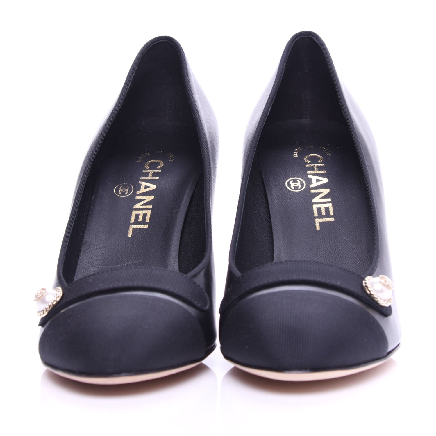 Chanel Lambskin Grosgrain Cap Toe Pearl Pumps 37 Black 2 of 11
