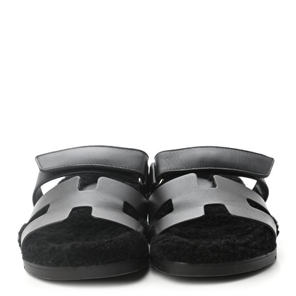 Hermes Calfskin Woolskin Womens Chypre Sandals 40 Black 2 of 9
