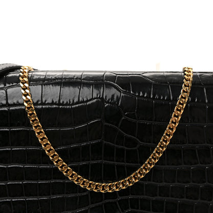 Saint Laurent Calfskin Crocodile Embossed Monogram Chain Wallet Black 7 of 9