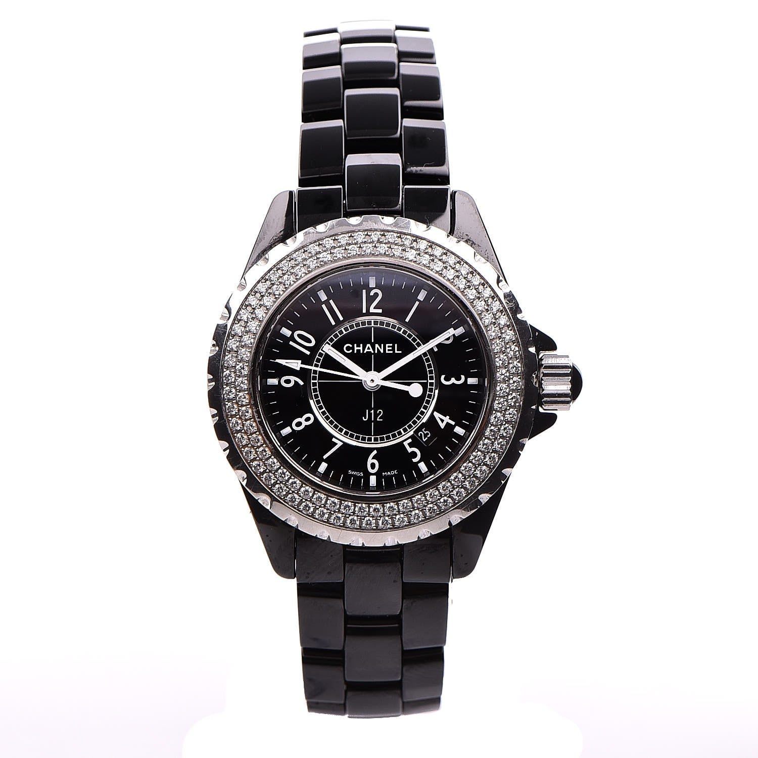 Chanel Stainless Steel Ceramic Diamond Pave Bezel 33mm J12 Quartz Watch Black 1 of 8