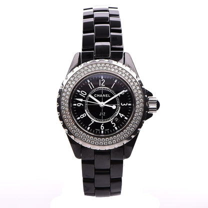 Chanel Stainless Steel Ceramic Diamond Pave Bezel 33mm J12 Quartz Watch Black 1 of 8