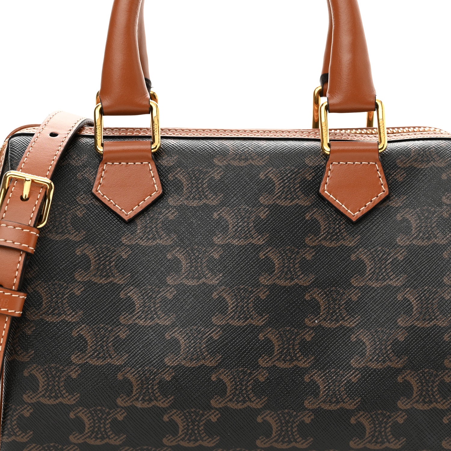 Celine Triomphe Canvas Calfskin Small Boston Bag Tan 7 of 9