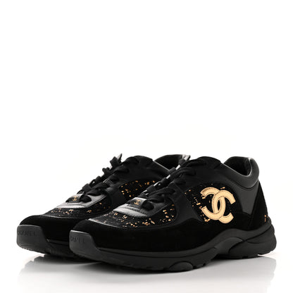 Chanel Velour Tweed CC Sneakers 40 Black Gold 3 of 14