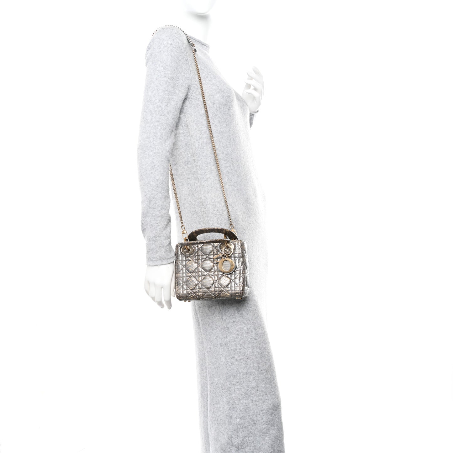 Metallic Snakeskin Cannage Mini Lady Dior Silver