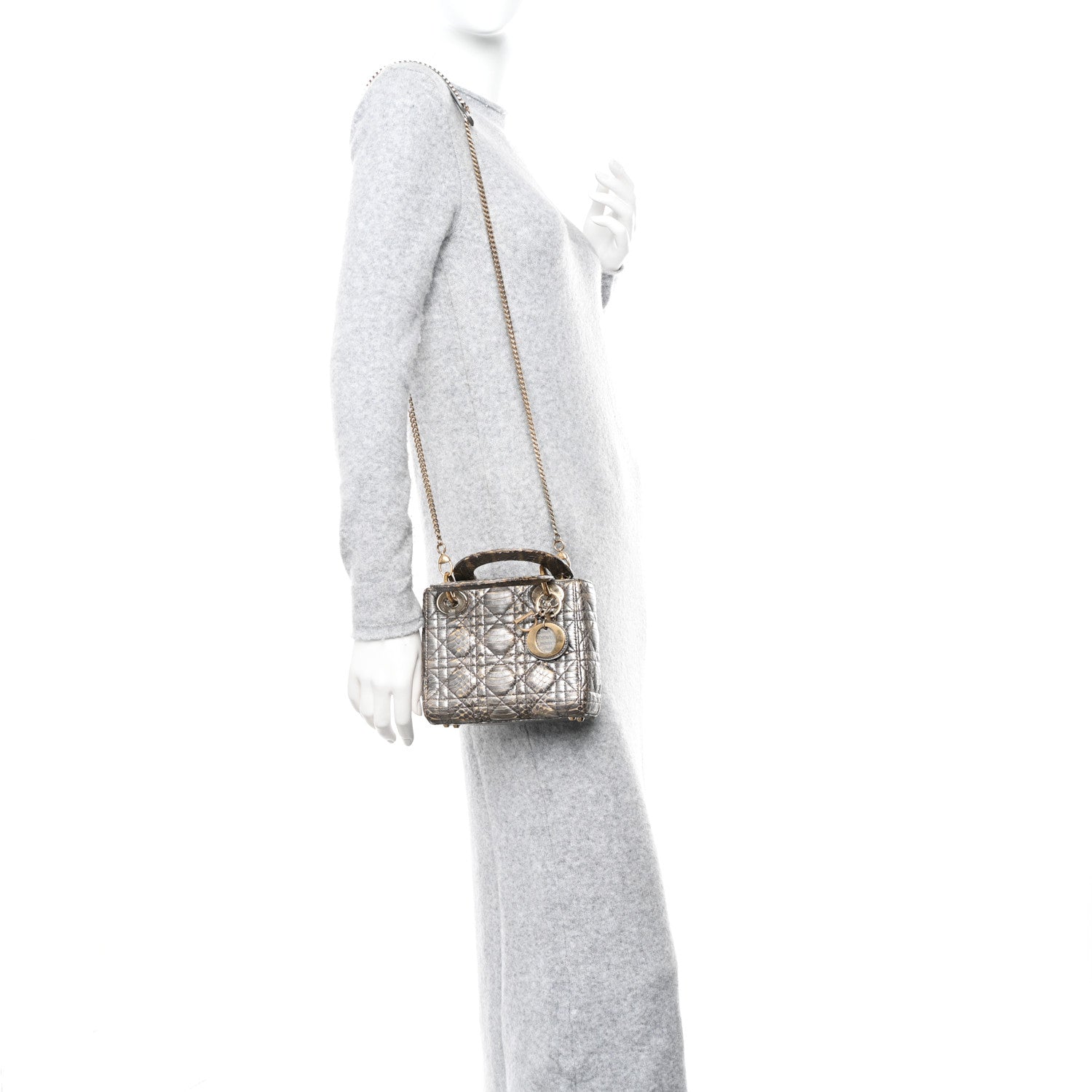 Christian Dior Metallic Snakeskin Cannage Mini Lady Dior Silver 2 of 11