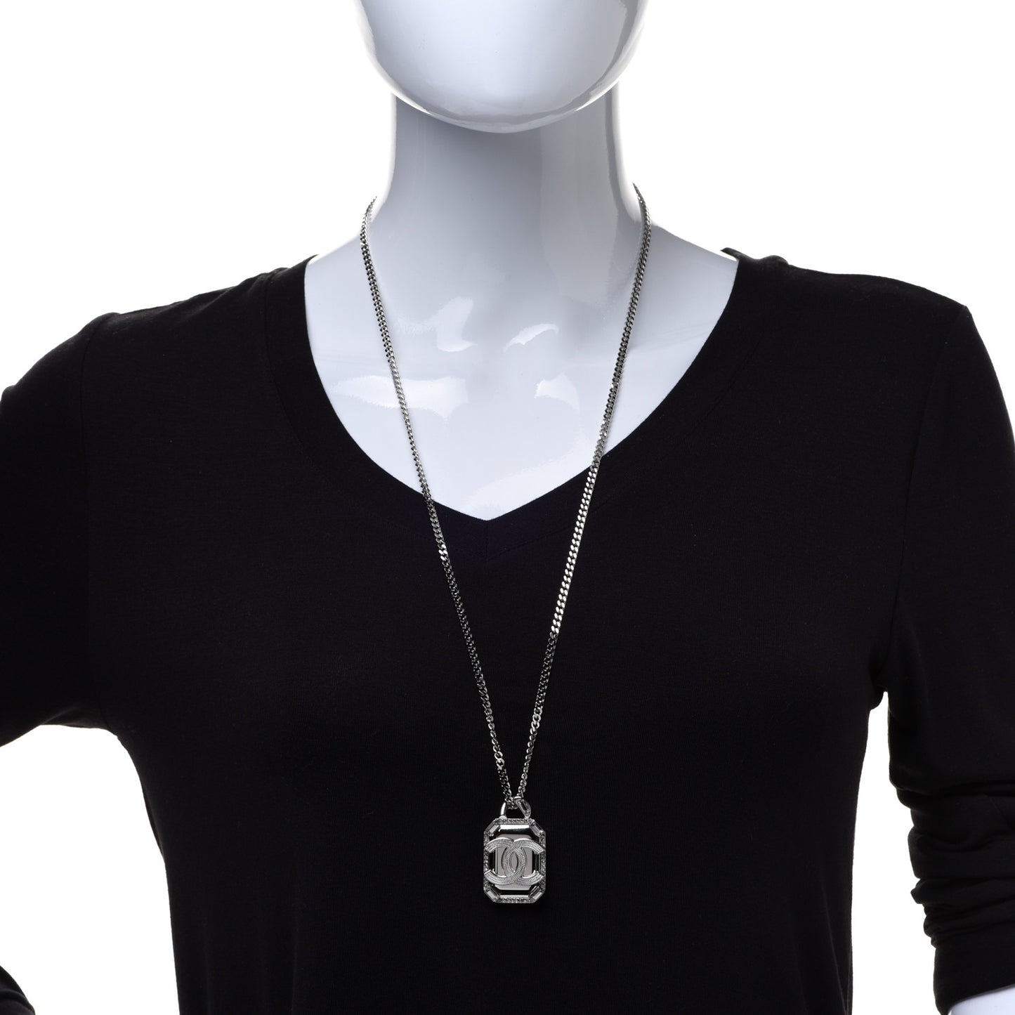 Crystal Baguette CC Mirror Pendant Necklace Silver