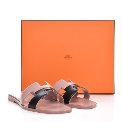 Hermes Box Calfskin Oran Sandals 37 Black Vieux Rose 10 of 10