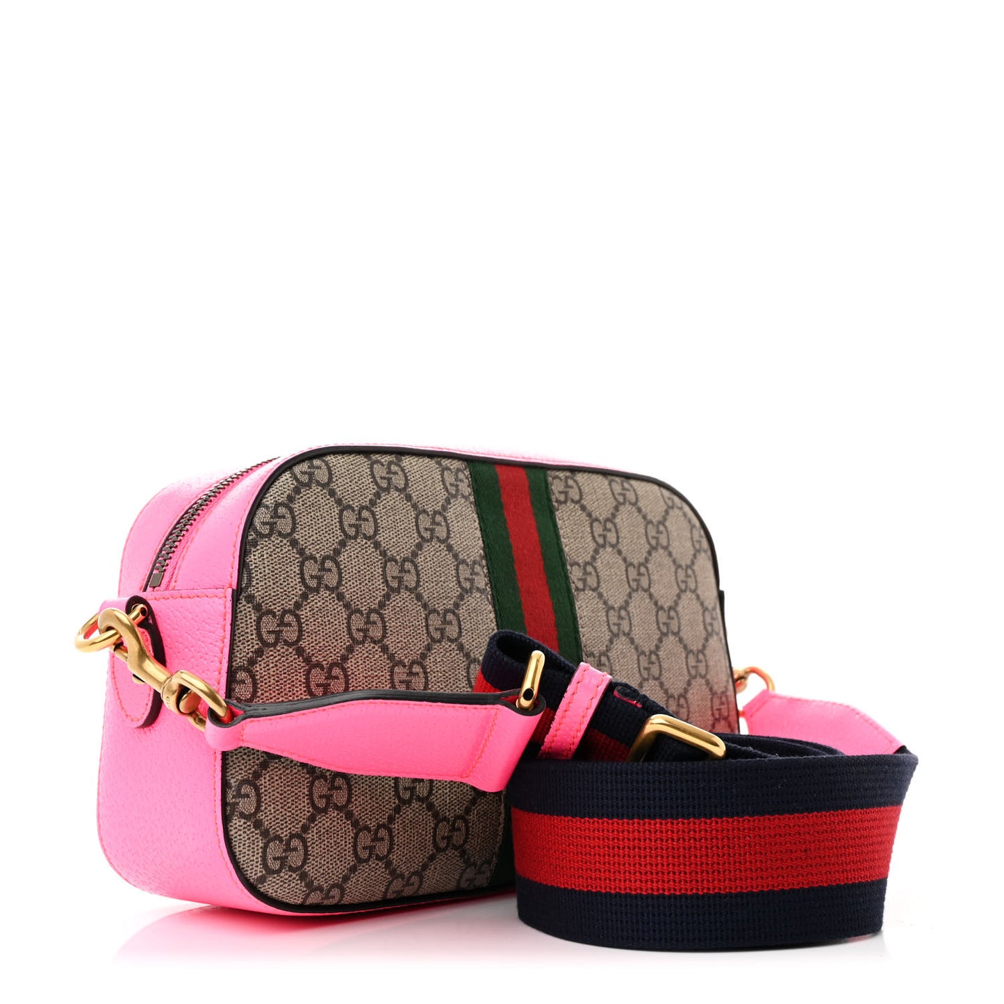 GG Supreme Monogram Textured Dollar Calfskin Web Ophidia Small Crossbody Bag Beige Ebony Fuchsia