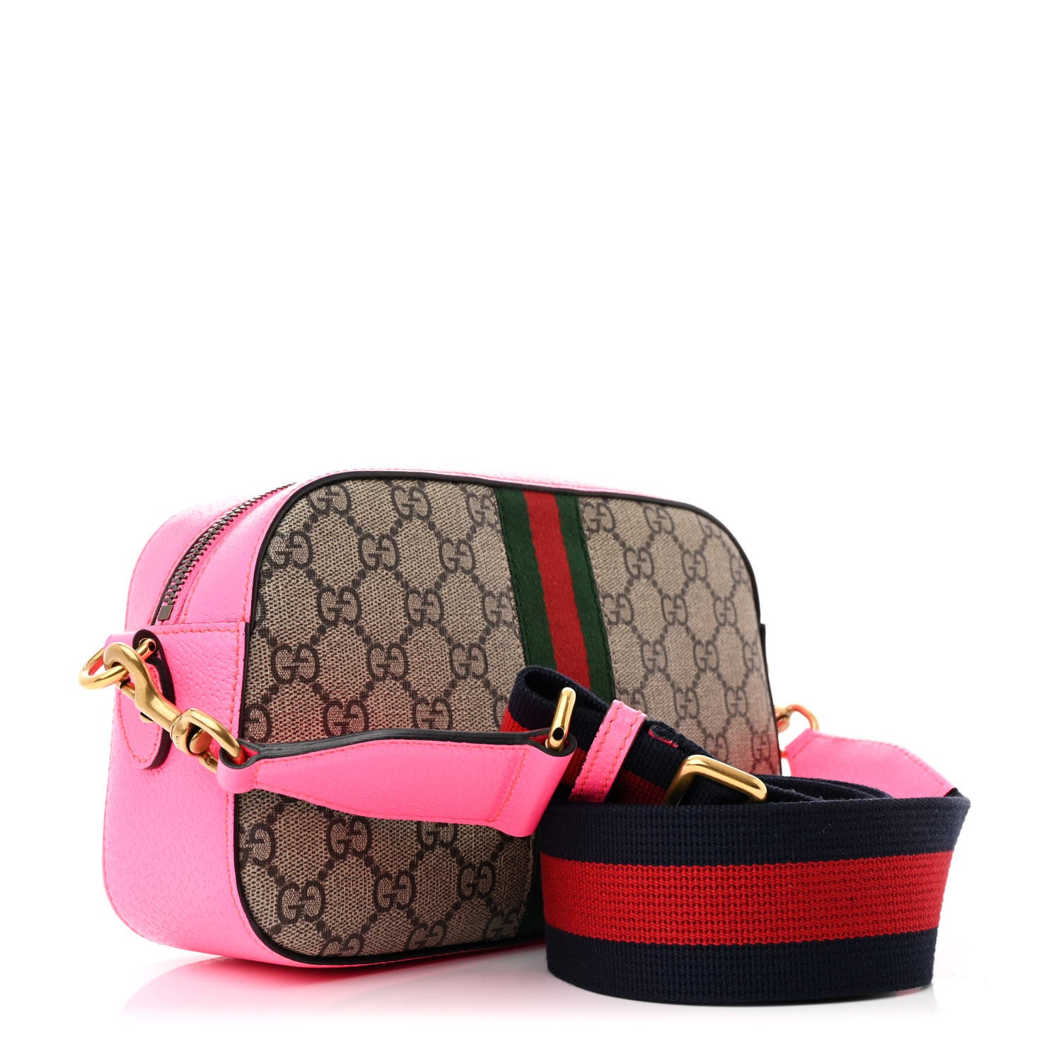Gucci GG Supreme Monogram Textured Dollar Calfskin Web Ophidia Small Crossbody Bag Beige Ebony Fuchsia 3 of 10
