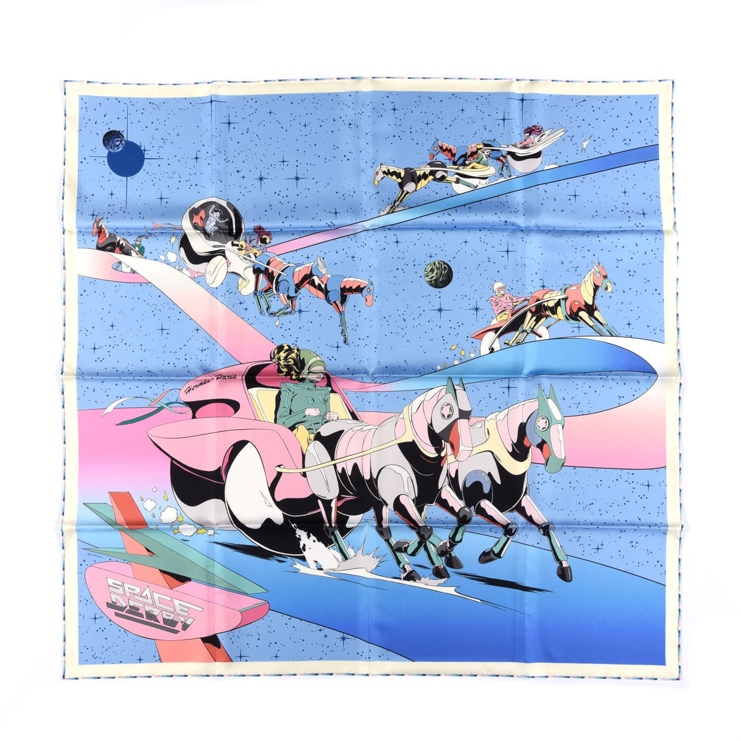 Hermes Silk Space Derby Scarf 90 Bleu Ciel Rose Vert Amande 1 of 4