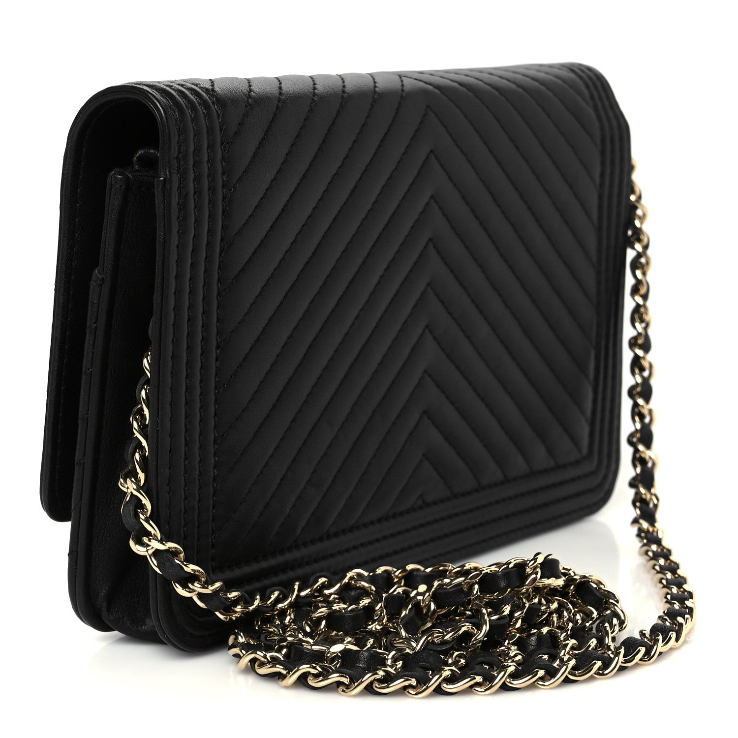Chanel Calfskin Chevron Boy Wallet On Chain WOC Black 3 of 11