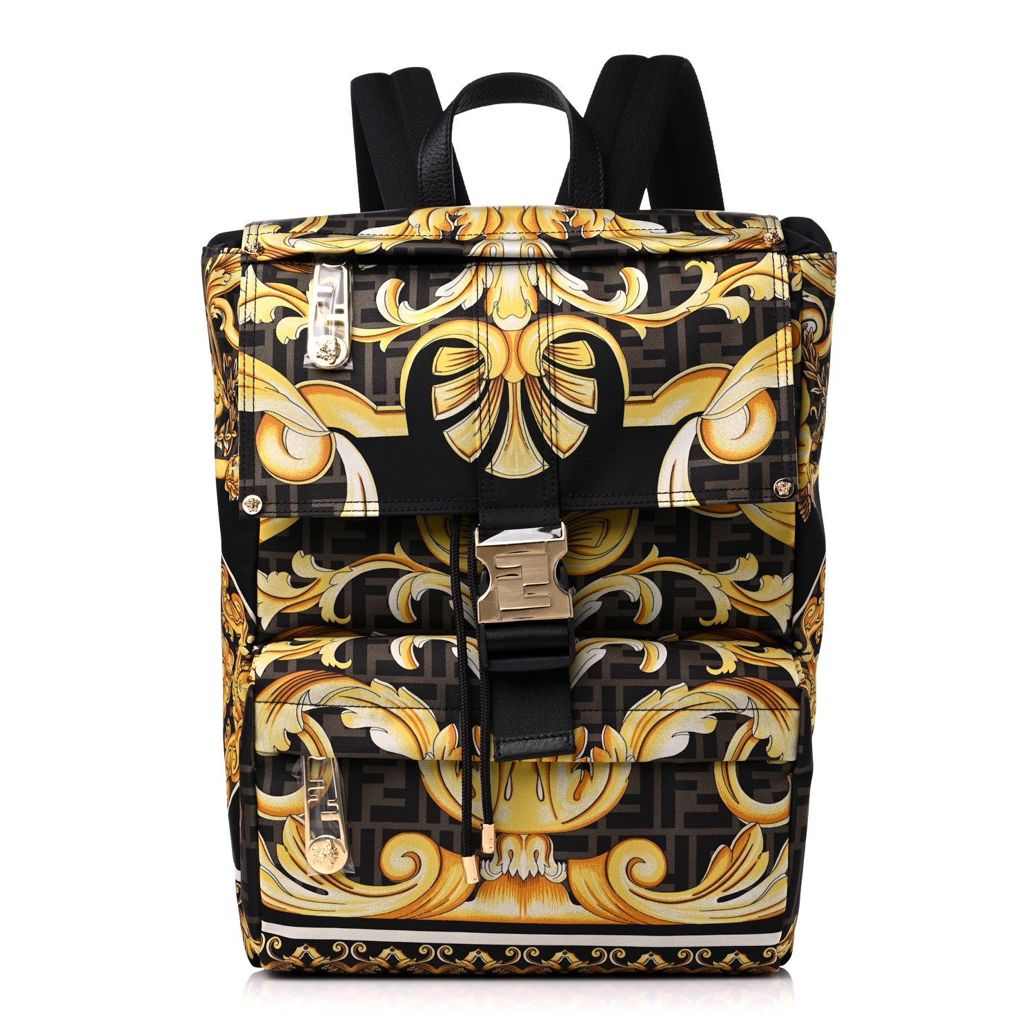 Fendi X VERSACE Silk Vitello Fendace FF Baroque Backpack Tobacco Black Gold 1 of 8