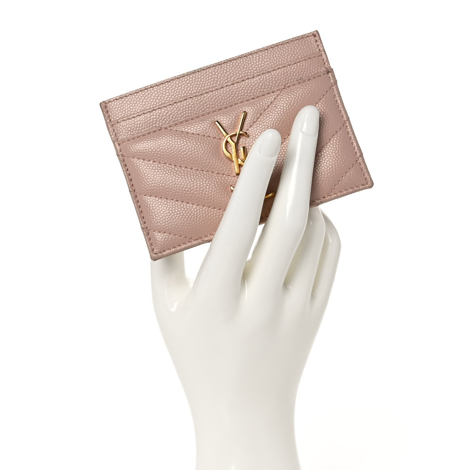 Saint Laurent Grain De Poudre Matelasse Chevron Monogram Credit Card Case Pale Pink 2 of 9