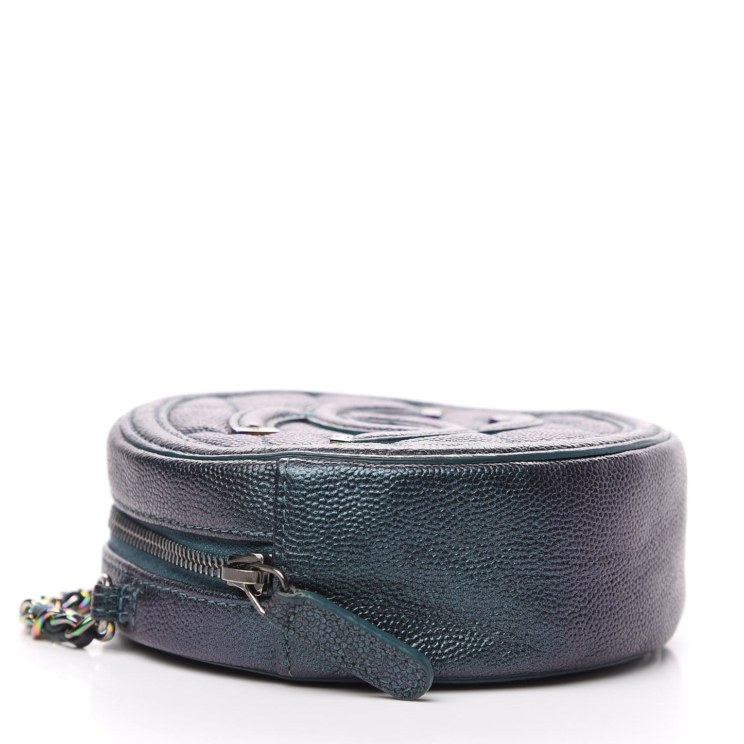 Iridescent Caviar Quilted Round Filigree Crossbody Dark Turquoise