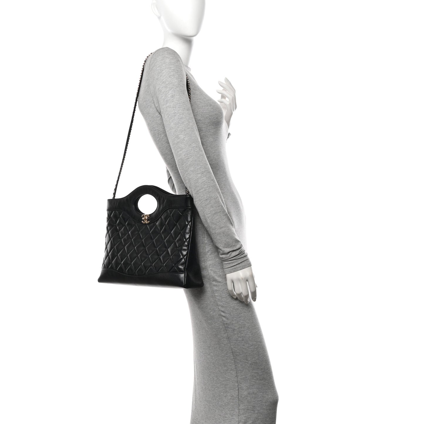 Shiny Lambskin Quilted 31 Shopping Bag Black