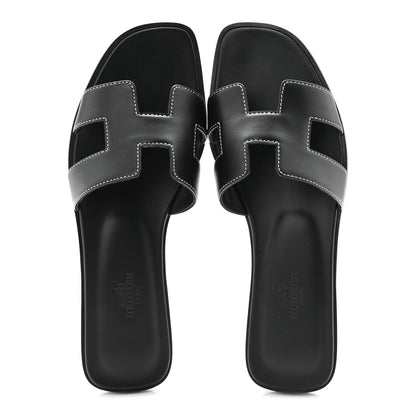 Hermes Box Calfskin Oran Sandals 37 Black 2 of 10