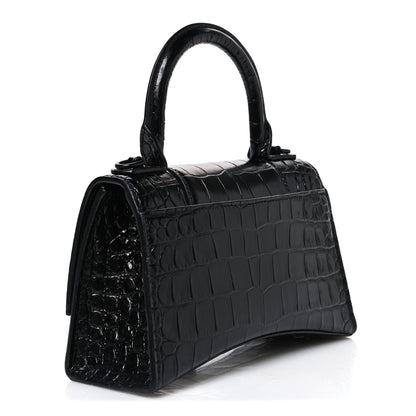 Balenciaga Shiny Calfskin Monochrome Crocodile Embossed Hourglass Top Handle Bag XS Black 3 of 10