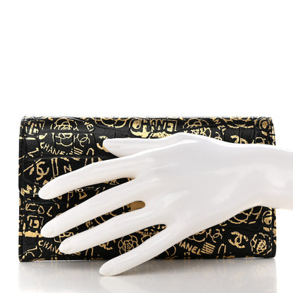 Chanel Calfskin Crocodile Embossed Graffiti 2.55 Cocodile Reissue Long Flap Black Gold 2 of 10