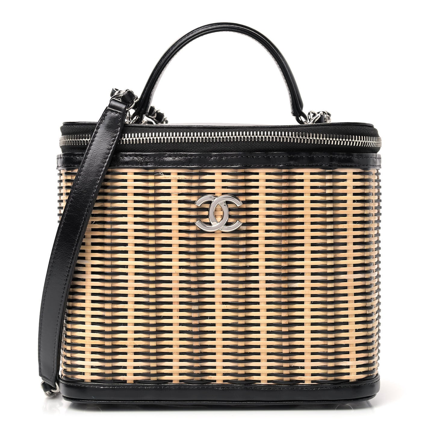 Glazed Calfskin Raffia Vanity Case Bag Black Beige