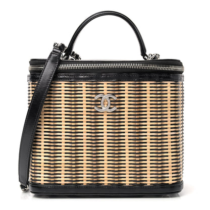 Chanel Glazed Calfskin Raffia Vanity Case Bag Black Beige 1 of 9