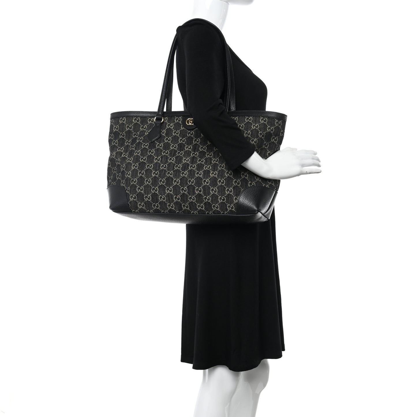 Jacquard Black Denim GG Monogram Medium Ophidia Shopping Tote Black Ivory
