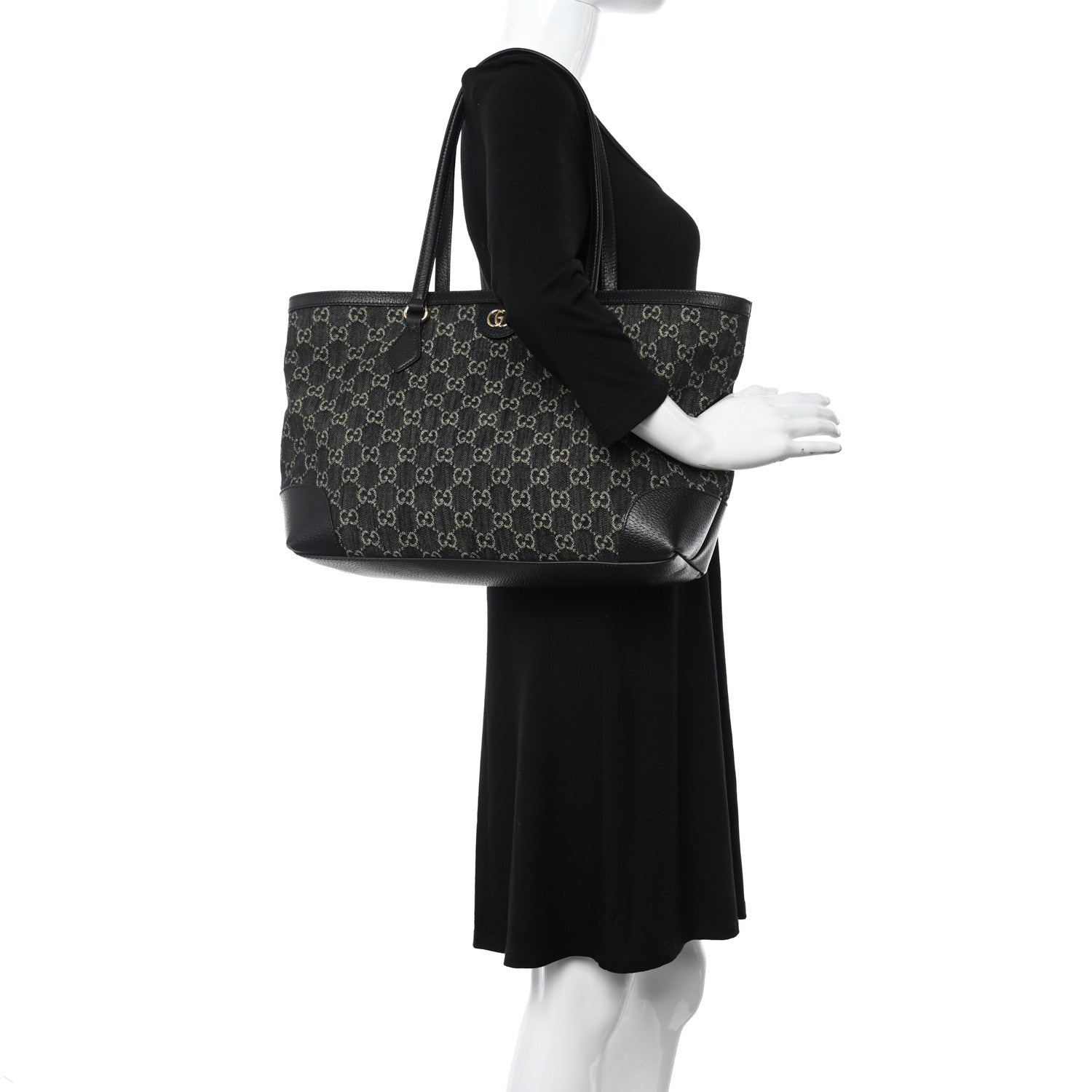 Gucci Jacquard Black Denim GG Monogram Medium Ophidia Shopping Tote Black Ivory 4 of 11